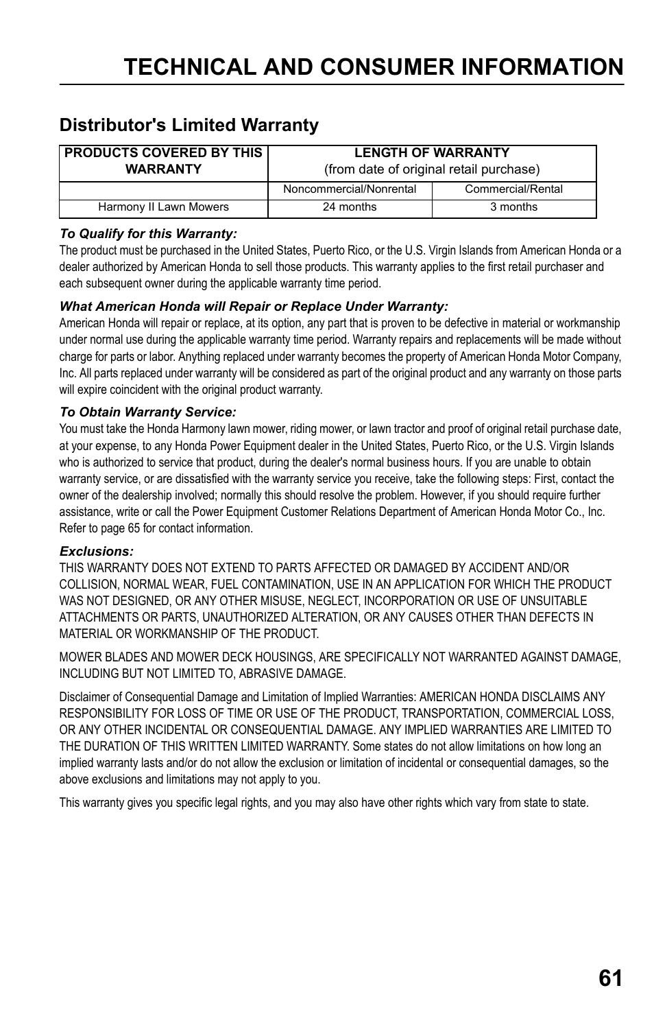 Distributor's limited warranty, Technical and consumer information 61 | HONDA HRR216TDA User Manual | Page 63 / 72