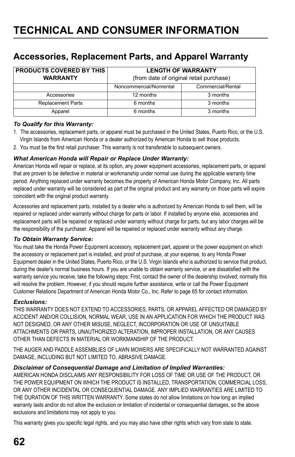 Technical and consumer information 62 | HONDA HRR216TDA User Manual | Page 64 / 72