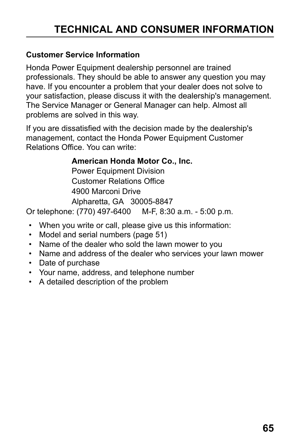 Customer service information, Technical and consumer information 65 | HONDA HRR216TDA User Manual | Page 67 / 72