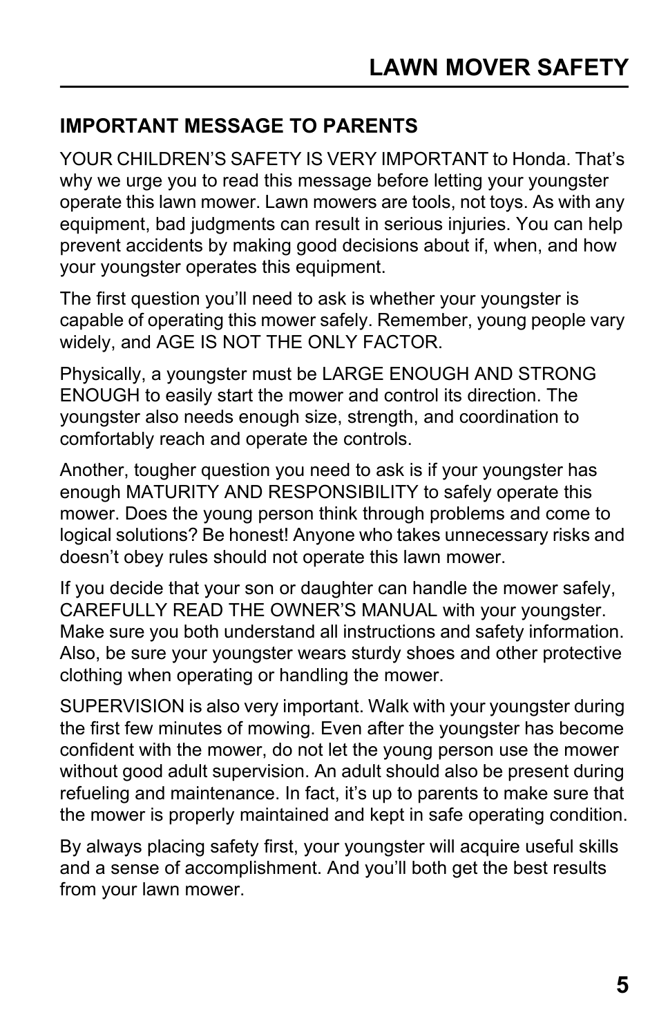 Important message to parents, Lawn mover safety 5 | HONDA HRR216TDA User Manual | Page 7 / 72