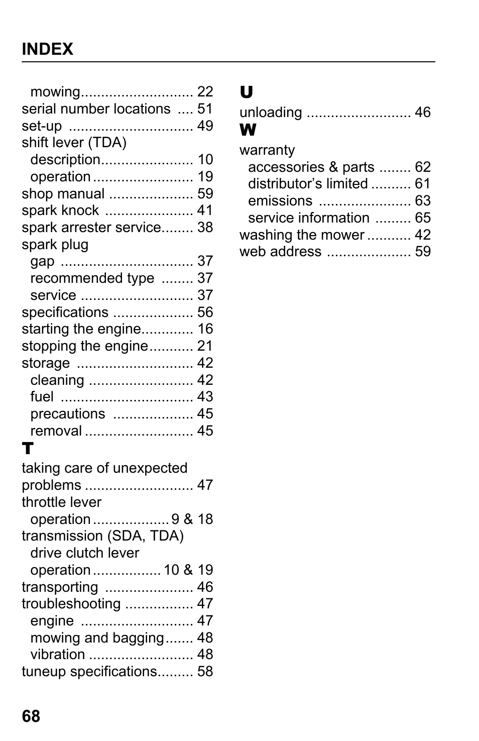 Index 68 | HONDA HRR216TDA User Manual | Page 70 / 72