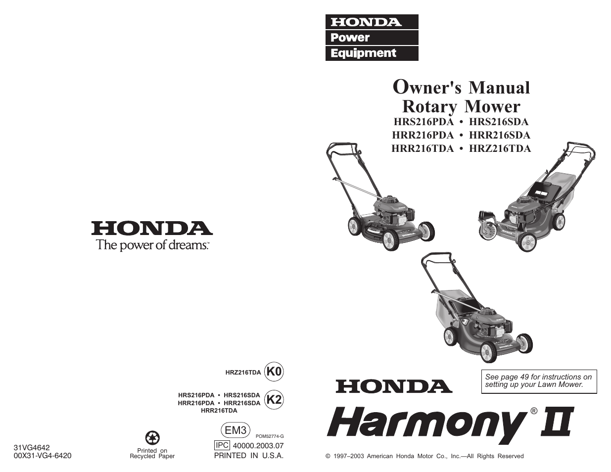 Rotary, Mower, Wner's | Manual | HONDA HRR216TDA User Manual | Page 72 / 72