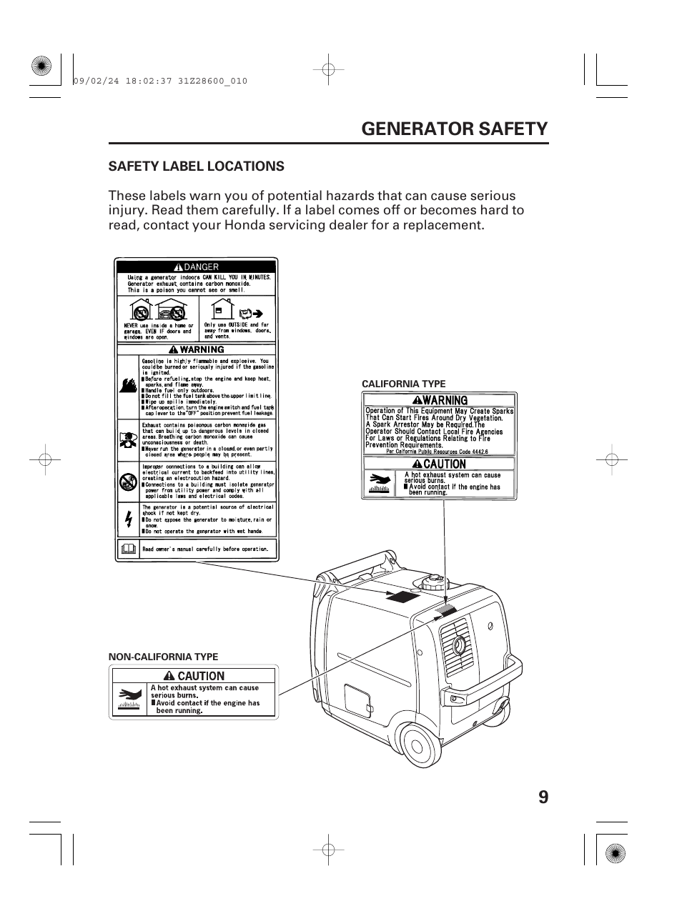 Safety label locations, 9generator safety | HONDA HANDI EU3000I User Manual | Page 11 / 96