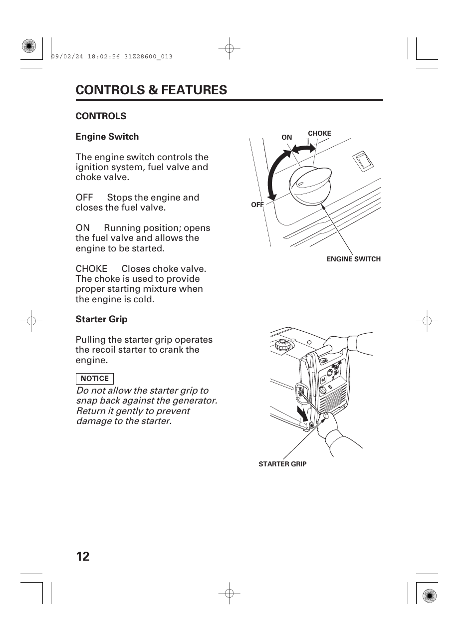 Controls, Engine switch, Starter grip | 12 controls & features | HONDA HANDI EU3000I User Manual | Page 14 / 96