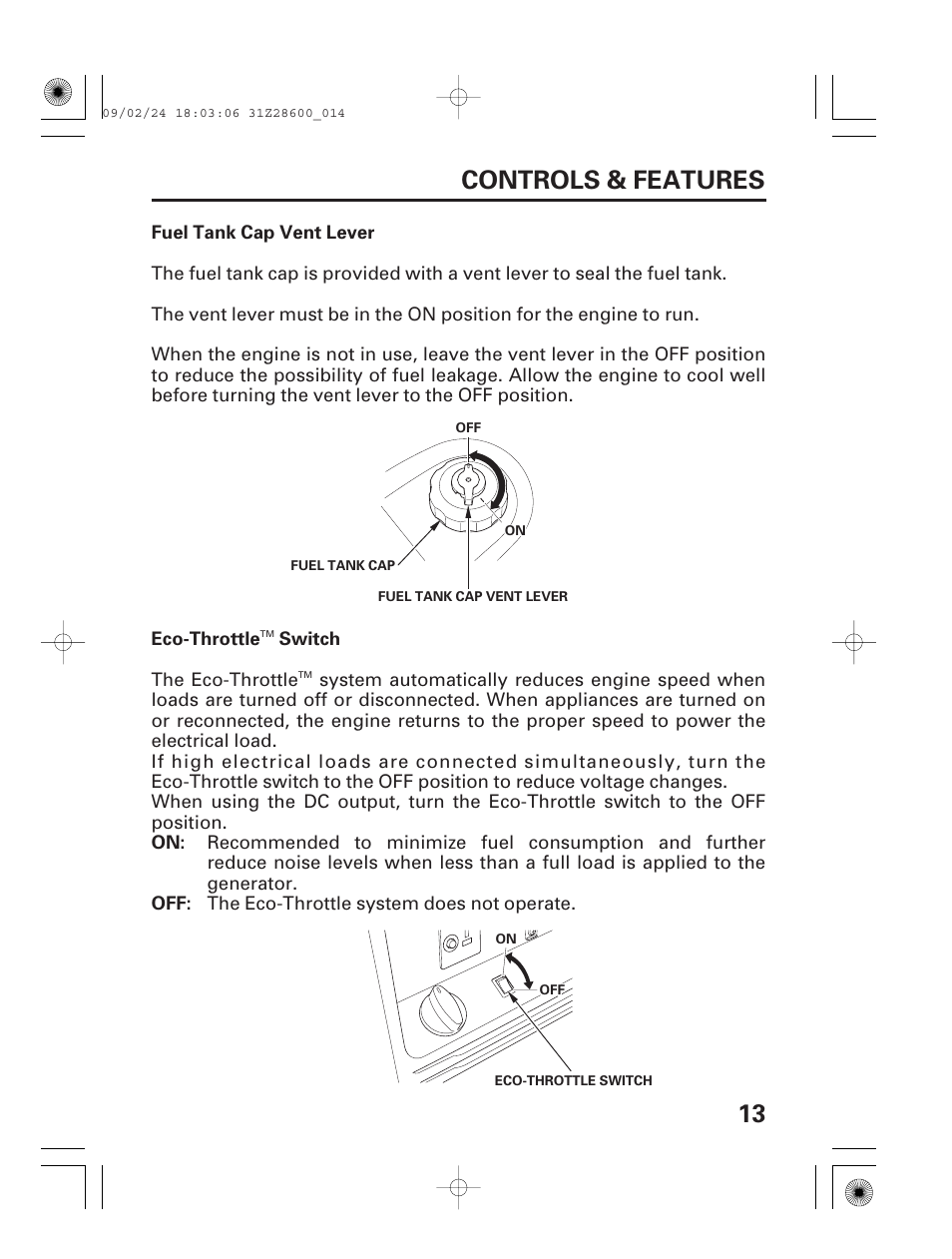 Fuel tank cap vent lever, Eco-throttle™ system, 13 controls & features | HONDA HANDI EU3000I User Manual | Page 15 / 96