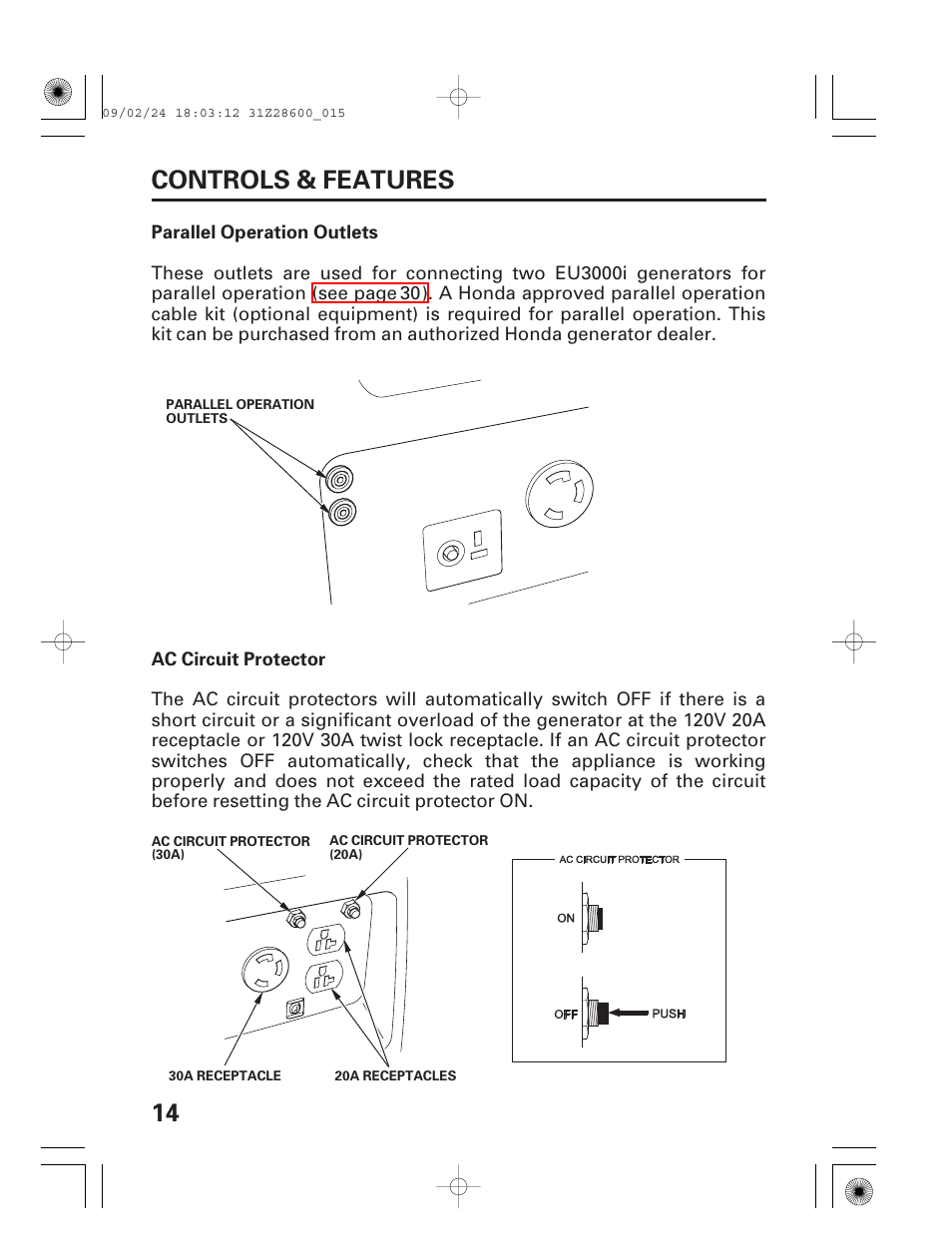 Parallel operation outlets, Ac circuit protector, 14 controls & features | HONDA HANDI EU3000I User Manual | Page 16 / 96