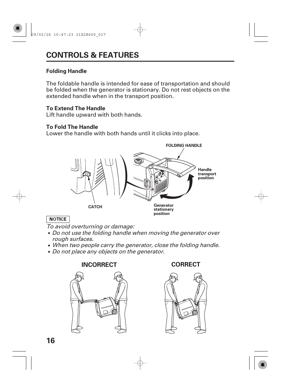 Folding handle, 16 controls & features | HONDA HANDI EU3000I User Manual | Page 18 / 96