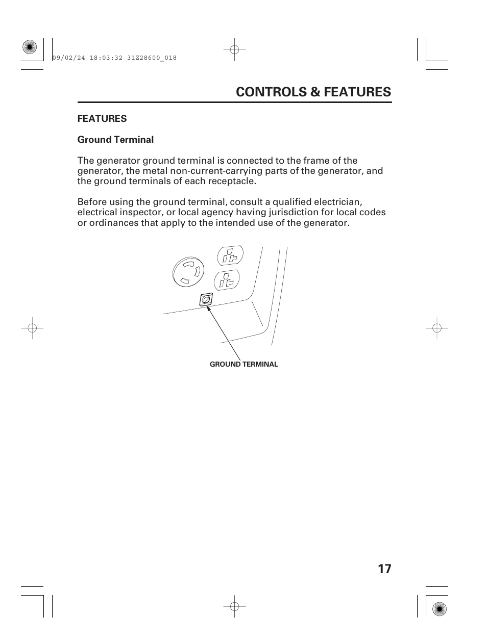 Features, Ground terminal, 17 controls & features | HONDA HANDI EU3000I User Manual | Page 19 / 96