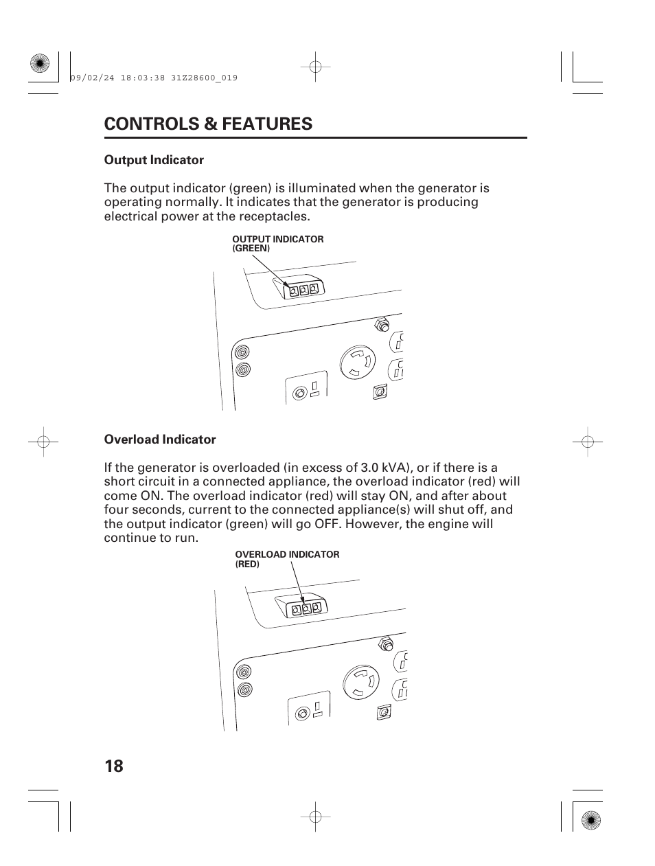 Output indicator, Overload indicator, 18 controls & features | HONDA HANDI EU3000I User Manual | Page 20 / 96