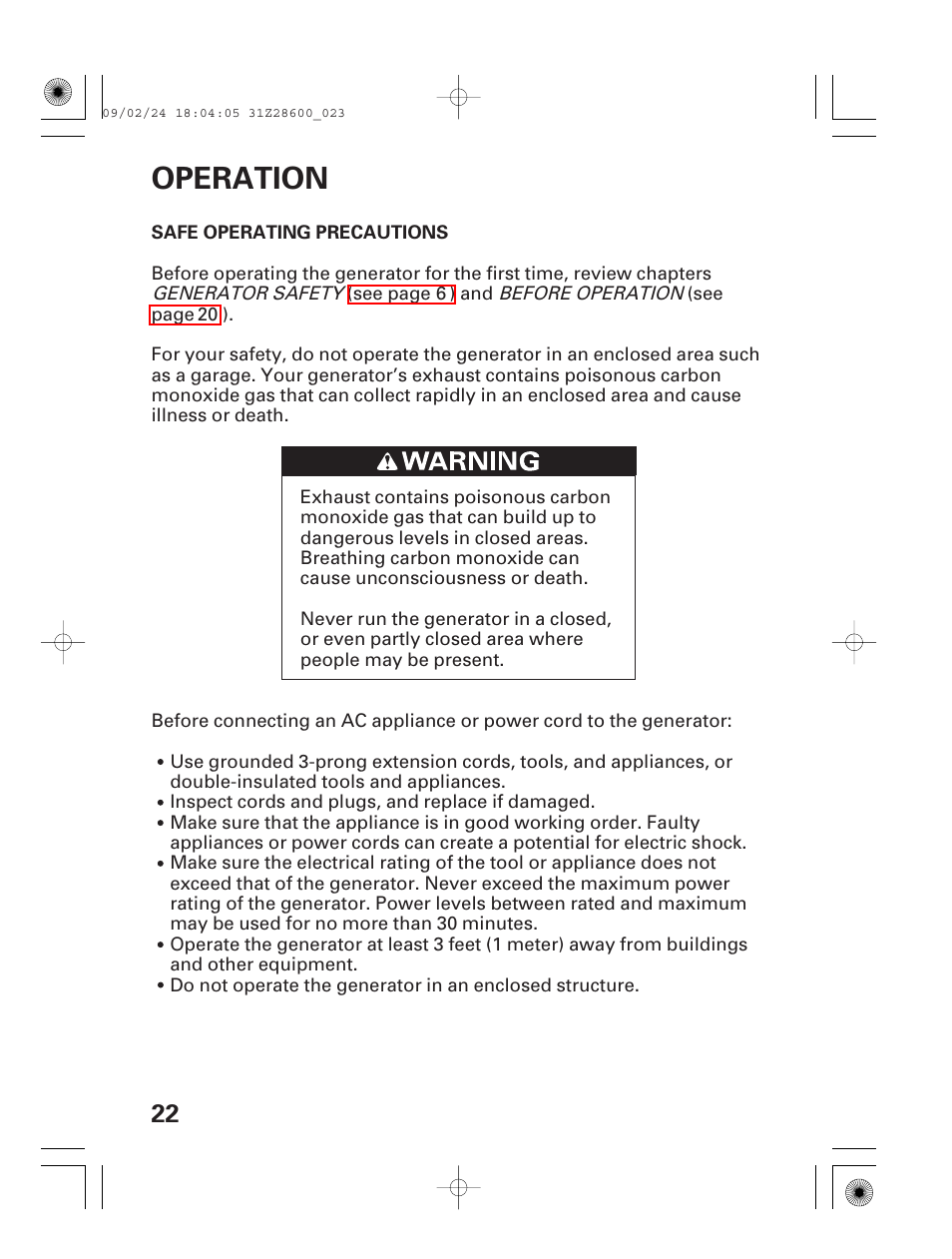 Operation, Safe operating precautions | HONDA HANDI EU3000I User Manual | Page 24 / 96