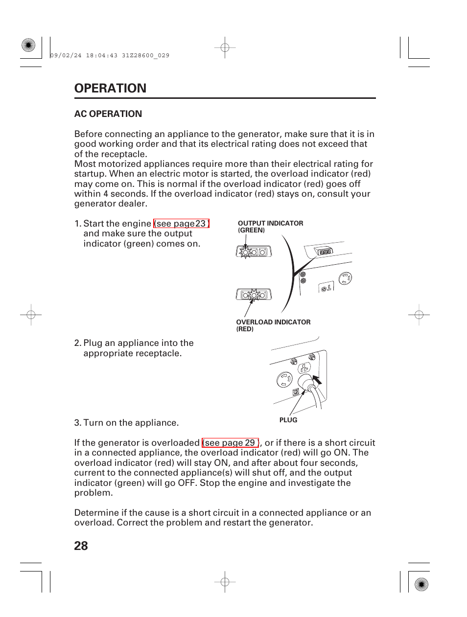 Ac operation, 28 operation | HONDA HANDI EU3000I User Manual | Page 30 / 96