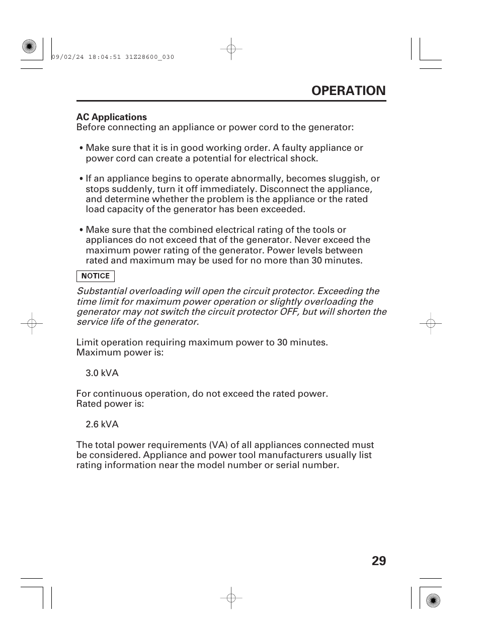 Ac applications, 29 operation | HONDA HANDI EU3000I User Manual | Page 31 / 96