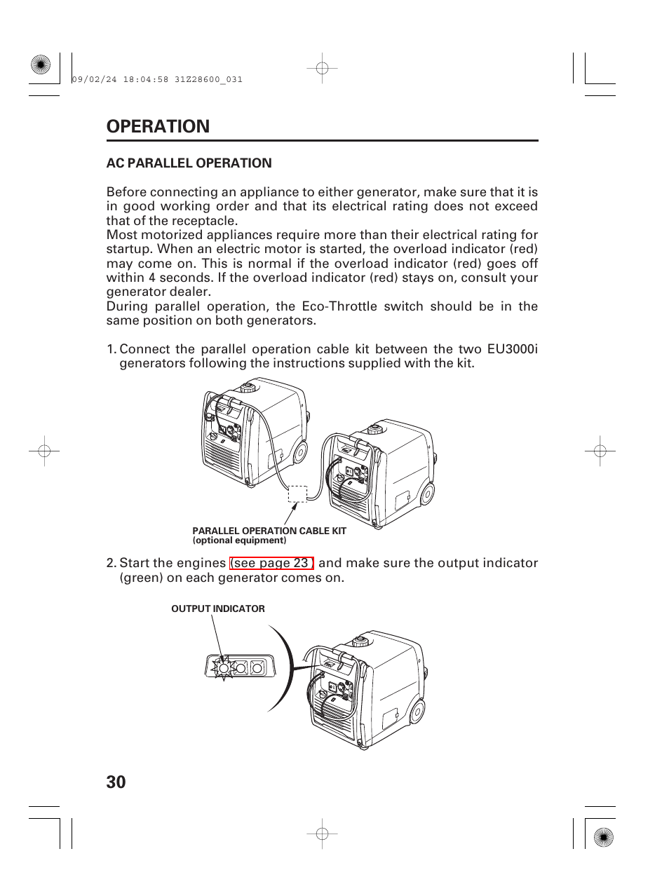 Ac parallel operation, 30 operation | HONDA HANDI EU3000I User Manual | Page 32 / 96