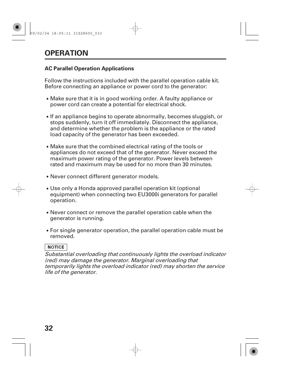 Ac parallel operation applications, 32 operation | HONDA HANDI EU3000I User Manual | Page 34 / 96