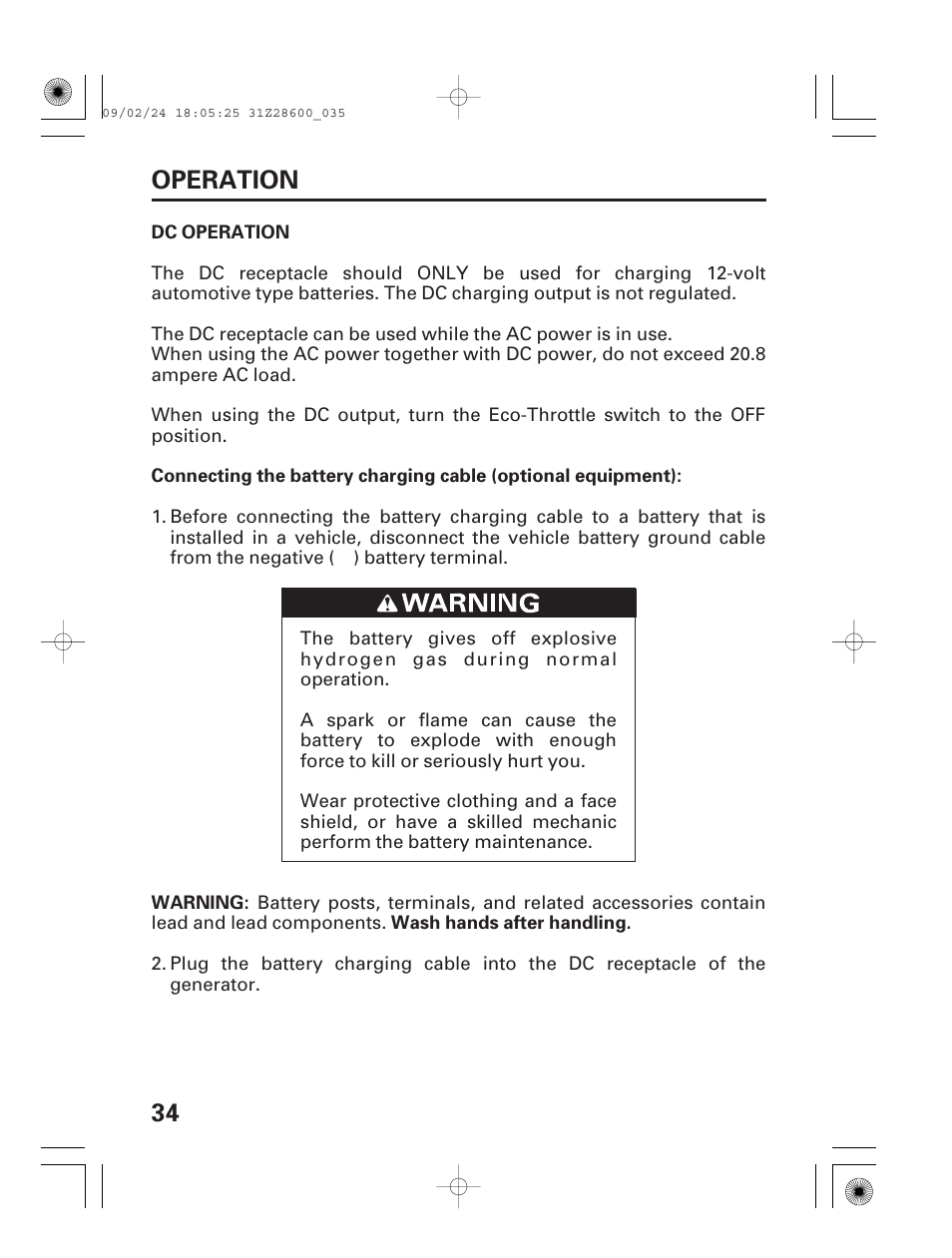 Dc operation, 34 operation | HONDA HANDI EU3000I User Manual | Page 36 / 96
