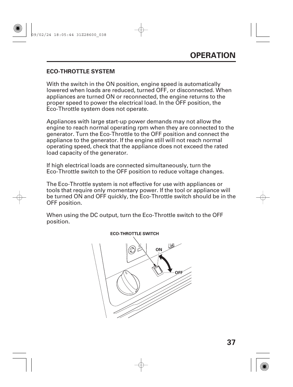 Eco-throttle system, 37 operation | HONDA HANDI EU3000I User Manual | Page 39 / 96