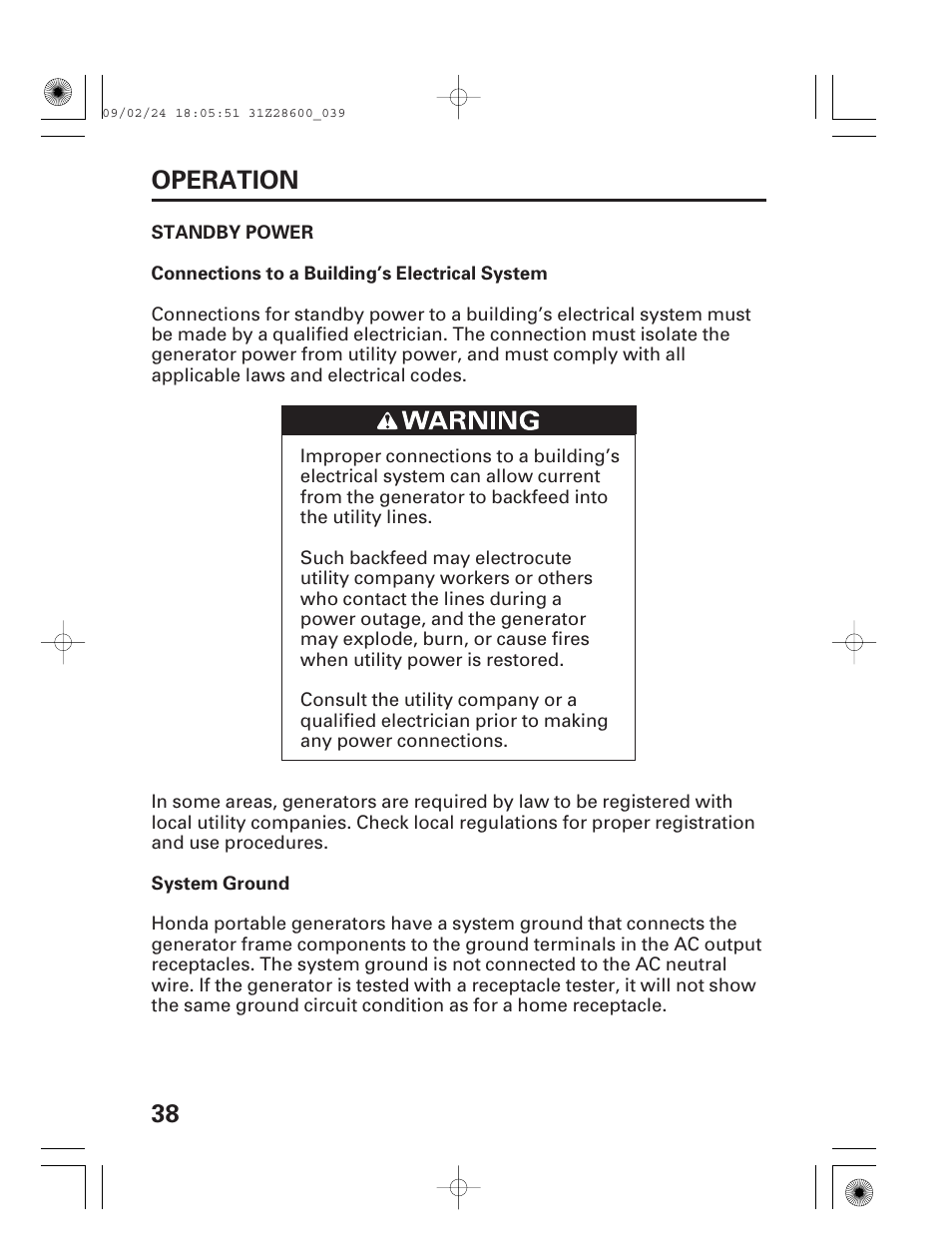 Standby power, 38 operation | HONDA HANDI EU3000I User Manual | Page 40 / 96