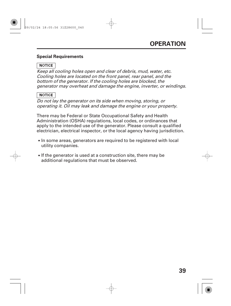 39 operation | HONDA HANDI EU3000I User Manual | Page 41 / 96