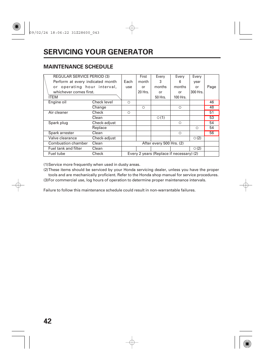Maintenance schedule, 42 servicing your generator | HONDA HANDI EU3000I User Manual | Page 44 / 96