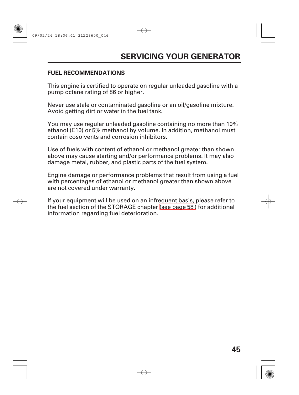 Fuel recommendations, 45 servicing your generator | HONDA HANDI EU3000I User Manual | Page 47 / 96