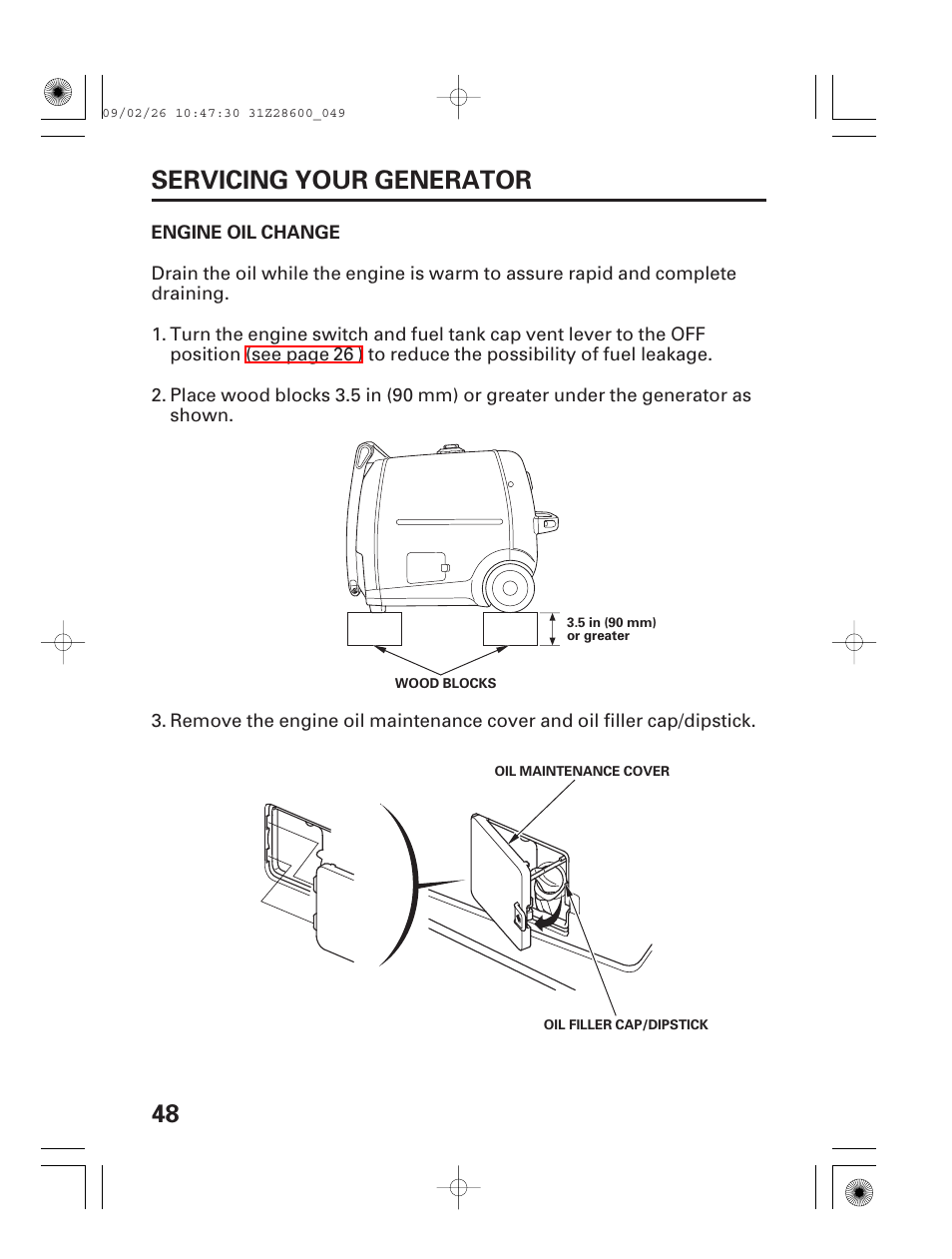 Engine oil change, 48 servicing your generator | HONDA HANDI EU3000I User Manual | Page 50 / 96