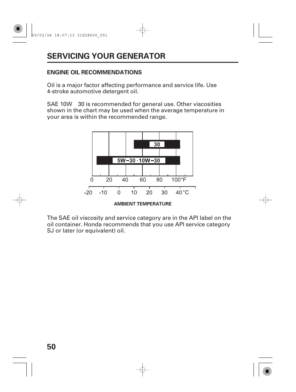 Engine oil recommendations, 50 servicing your generator | HONDA HANDI EU3000I User Manual | Page 52 / 96