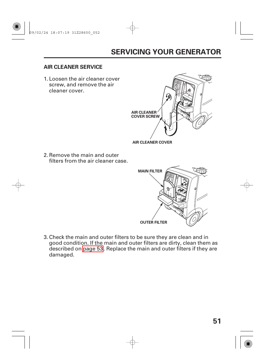 Air cleaner service, 51 servicing your generator | HONDA HANDI EU3000I User Manual | Page 53 / 96