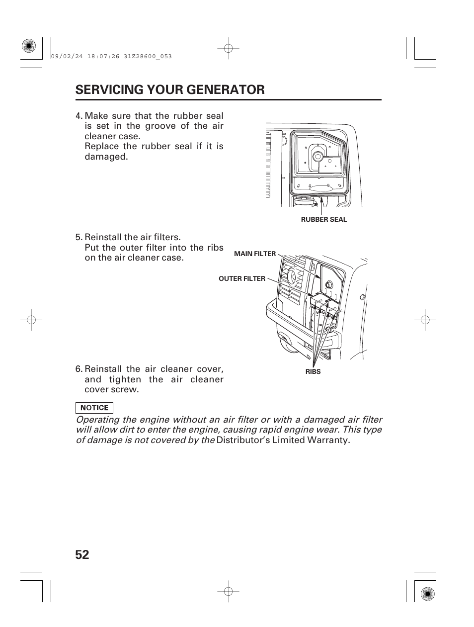 52 servicing your generator | HONDA HANDI EU3000I User Manual | Page 54 / 96