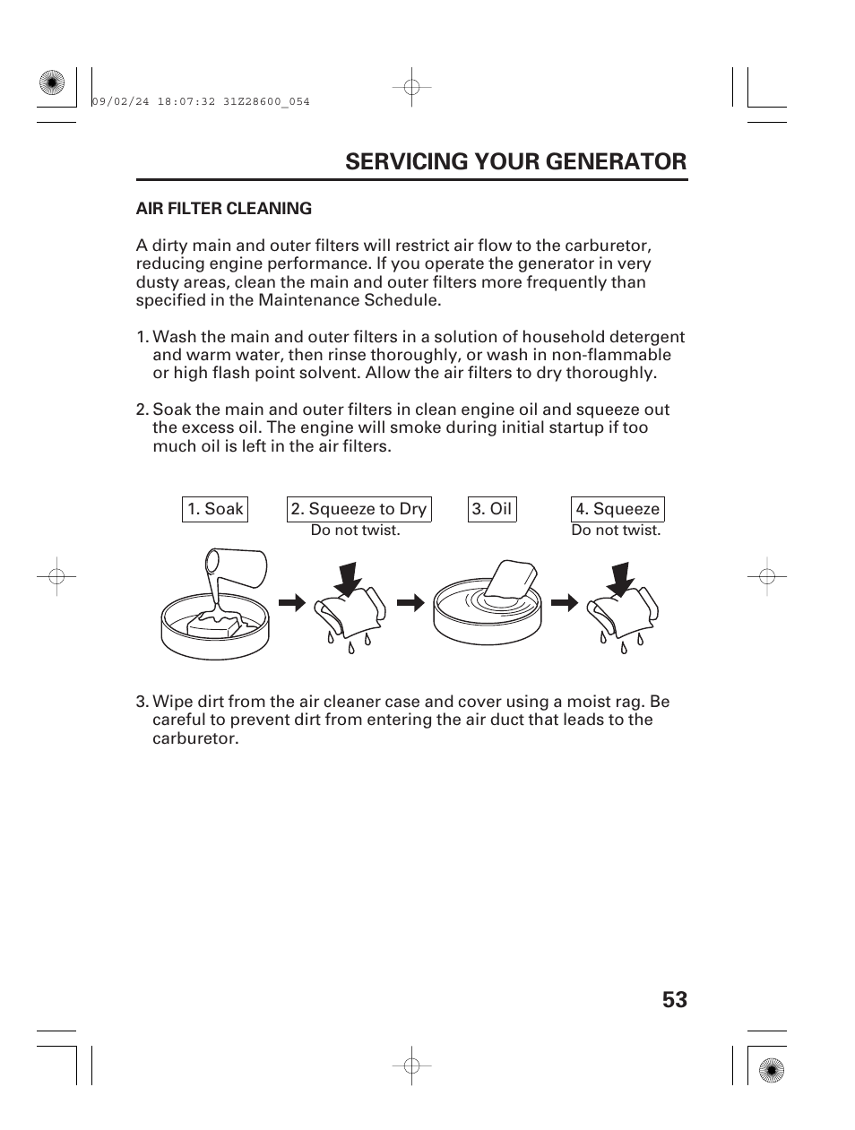 Air filter cleaning, 53 servicing your generator | HONDA HANDI EU3000I User Manual | Page 55 / 96