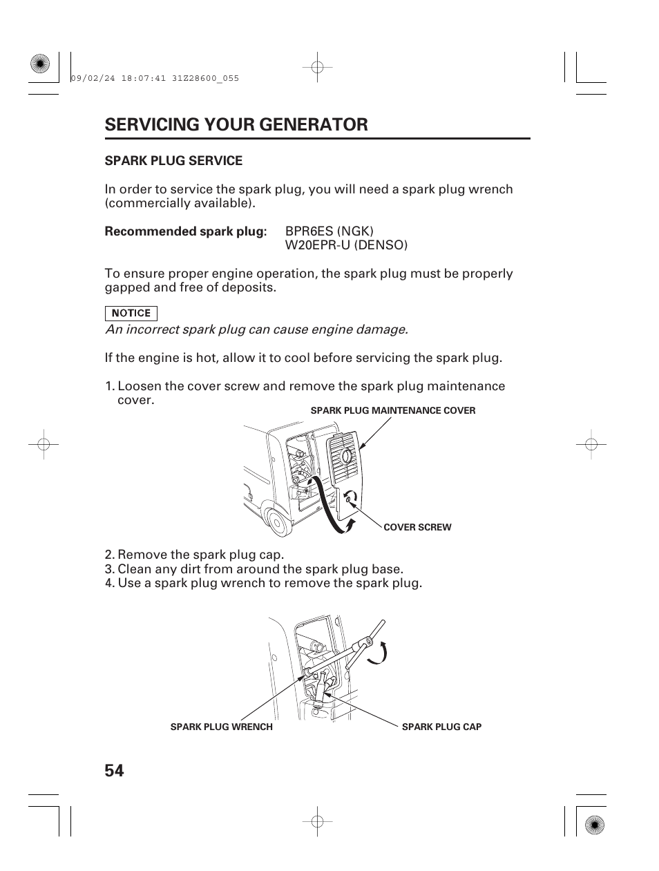 Spark plug service, 54 servicing your generator | HONDA HANDI EU3000I User Manual | Page 56 / 96
