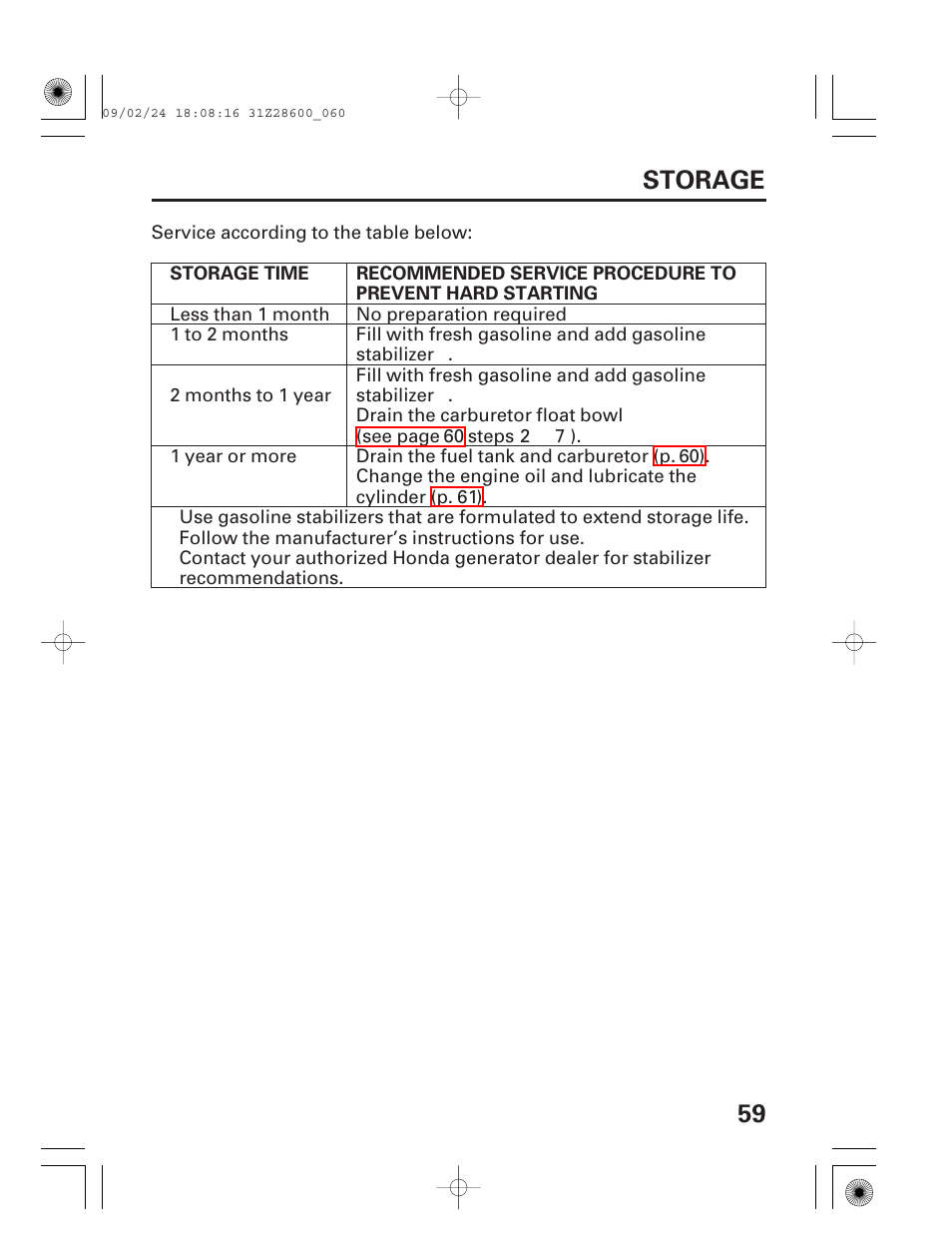 59 storage | HONDA HANDI EU3000I User Manual | Page 61 / 96