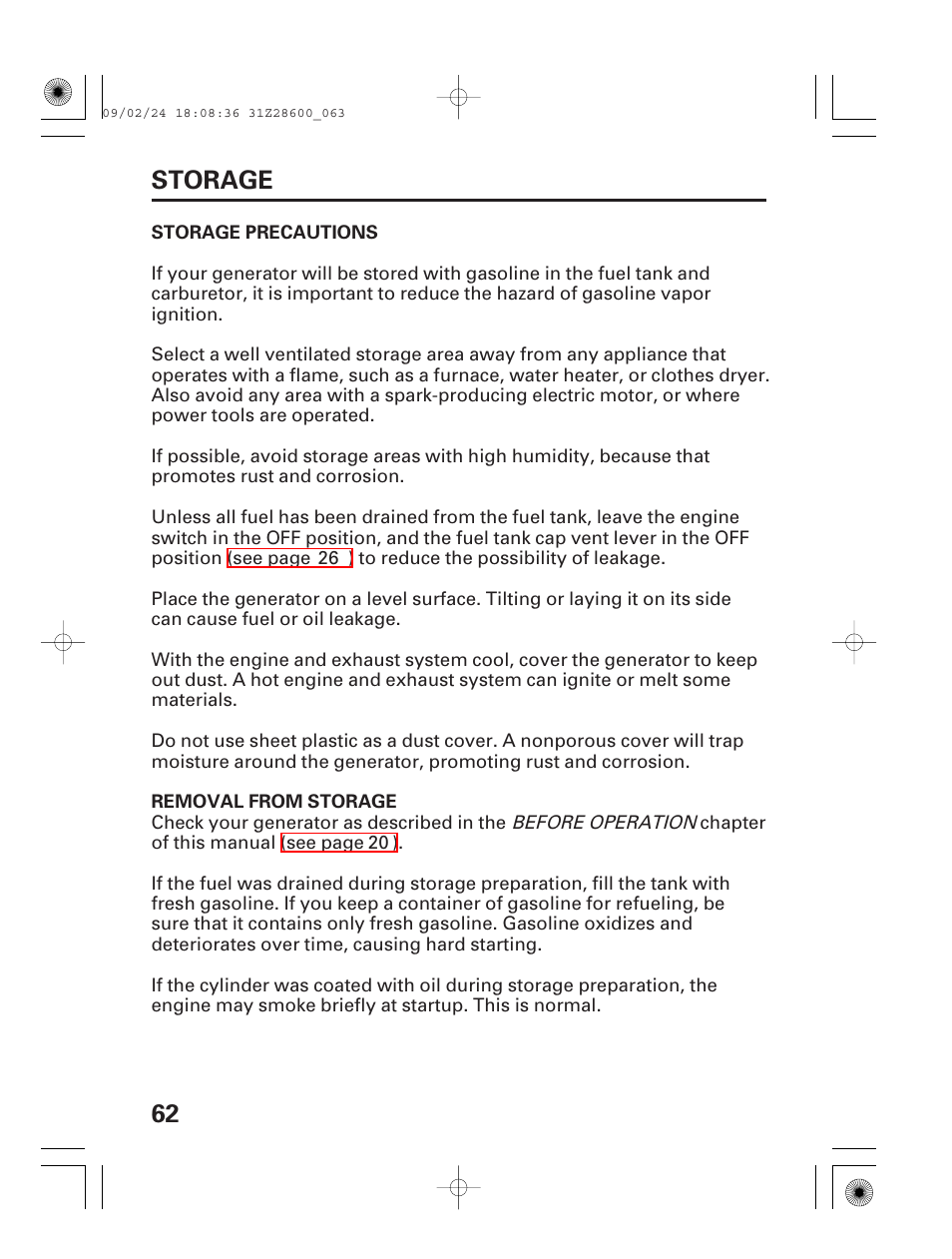 Storage precautions, Removal from storage, 62 storage | HONDA HANDI EU3000I User Manual | Page 64 / 96