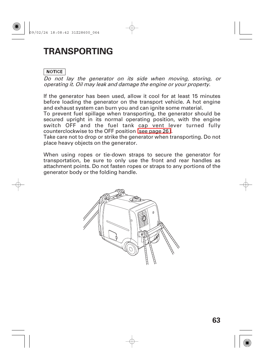 Transporting | HONDA HANDI EU3000I User Manual | Page 65 / 96