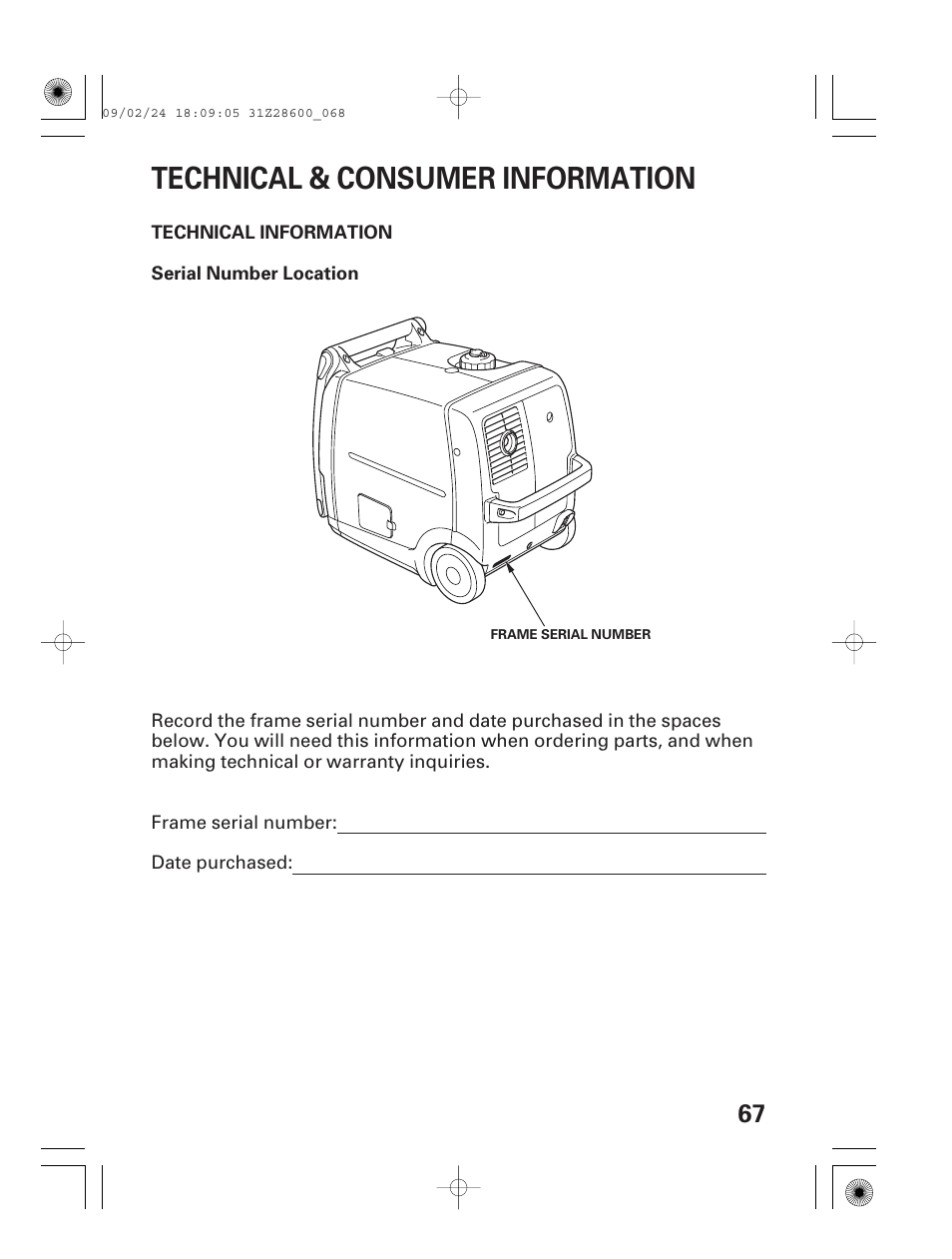 Technical & consumer information, Technical information, Serial number location | HONDA HANDI EU3000I User Manual | Page 69 / 96