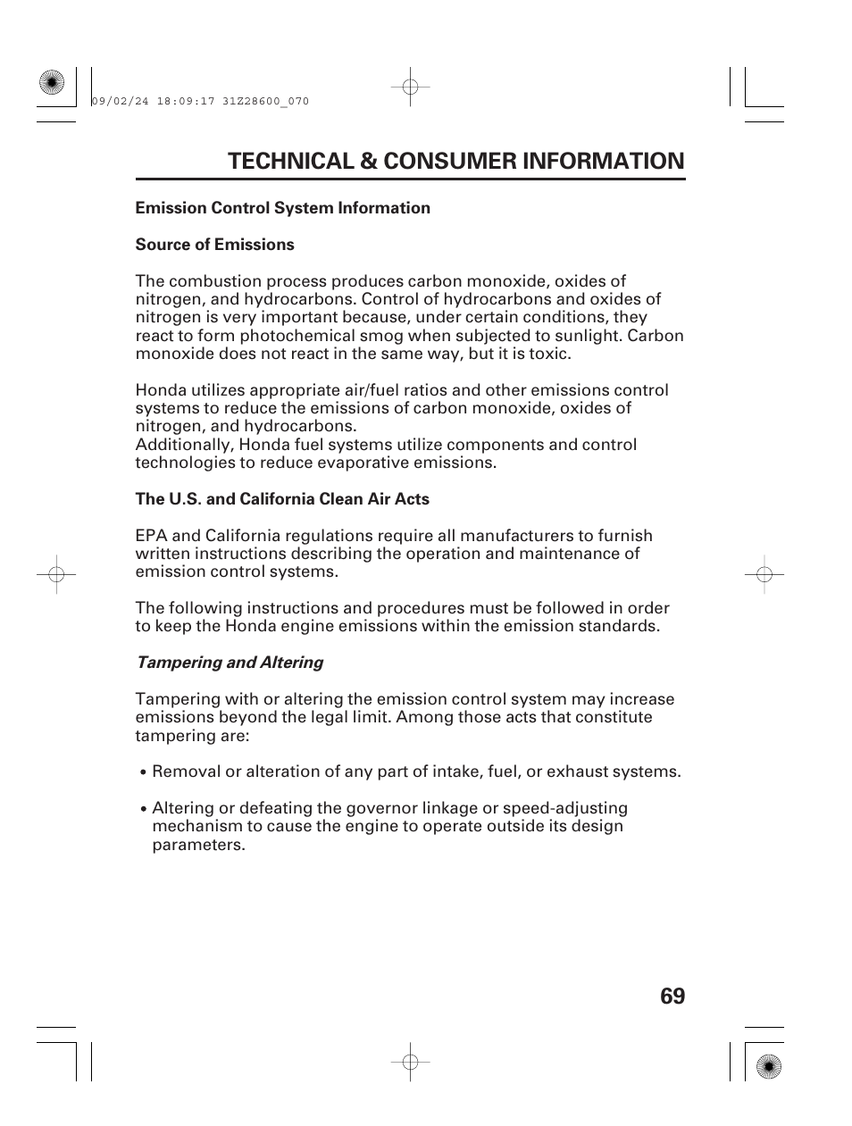 Emission control system information, 69 technical & consumer information | HONDA HANDI EU3000I User Manual | Page 71 / 96