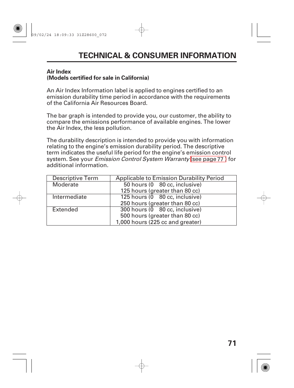 Air index, 71 technical & consumer information | HONDA HANDI EU3000I User Manual | Page 73 / 96