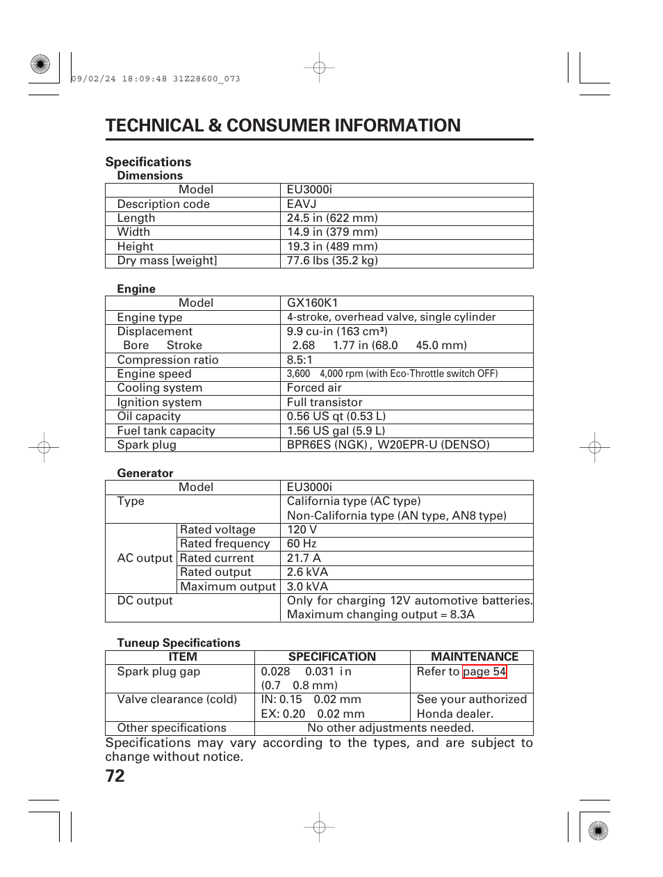 Specifications, 72 technical & consumer information | HONDA HANDI EU3000I User Manual | Page 74 / 96