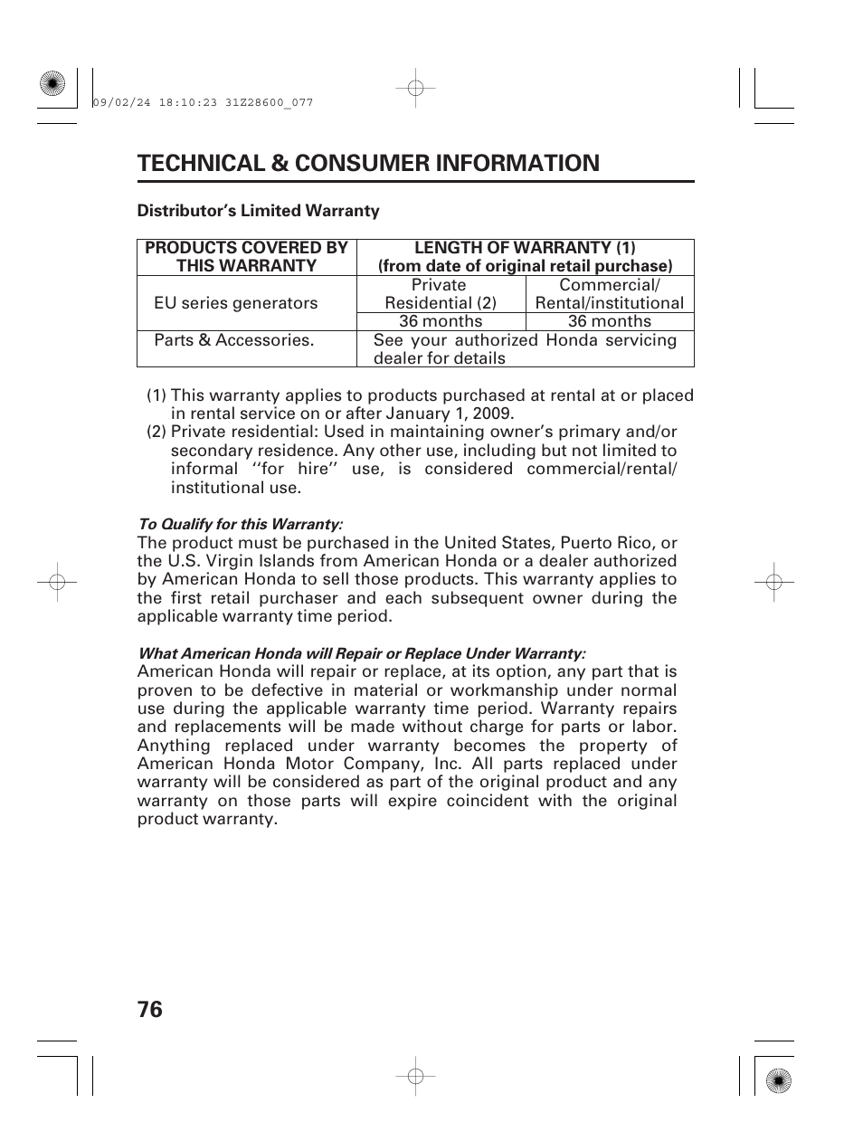 Distributor's limited warranty, 76 technical & consumer information | HONDA HANDI EU3000I User Manual | Page 78 / 96