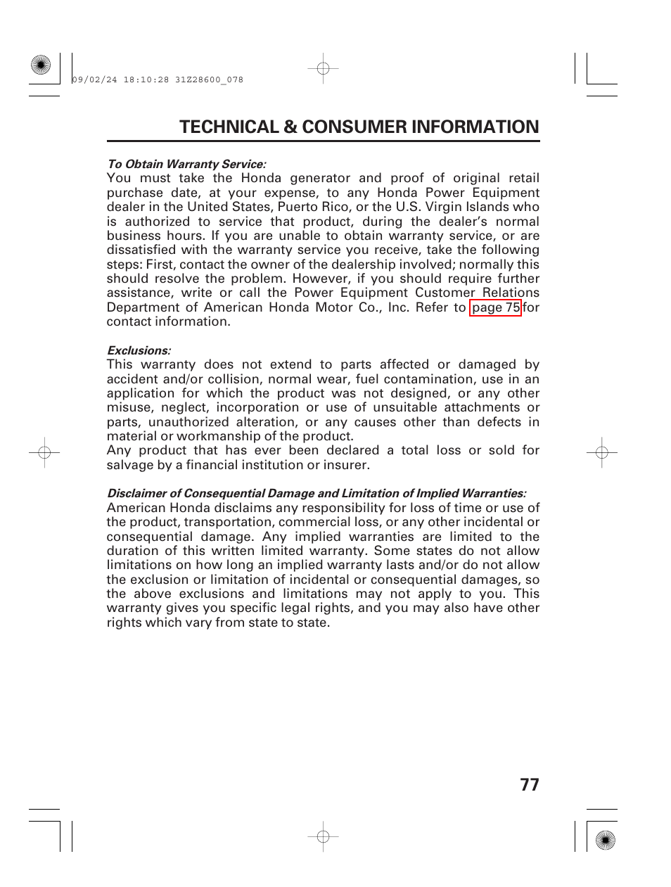 77 technical & consumer information | HONDA HANDI EU3000I User Manual | Page 79 / 96