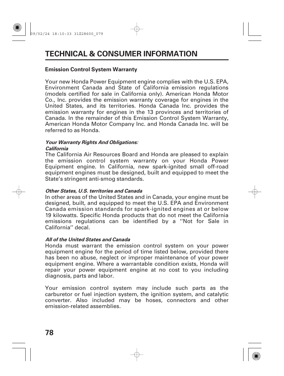 Emission control system warranty, 78 technical & consumer information | HONDA HANDI EU3000I User Manual | Page 80 / 96