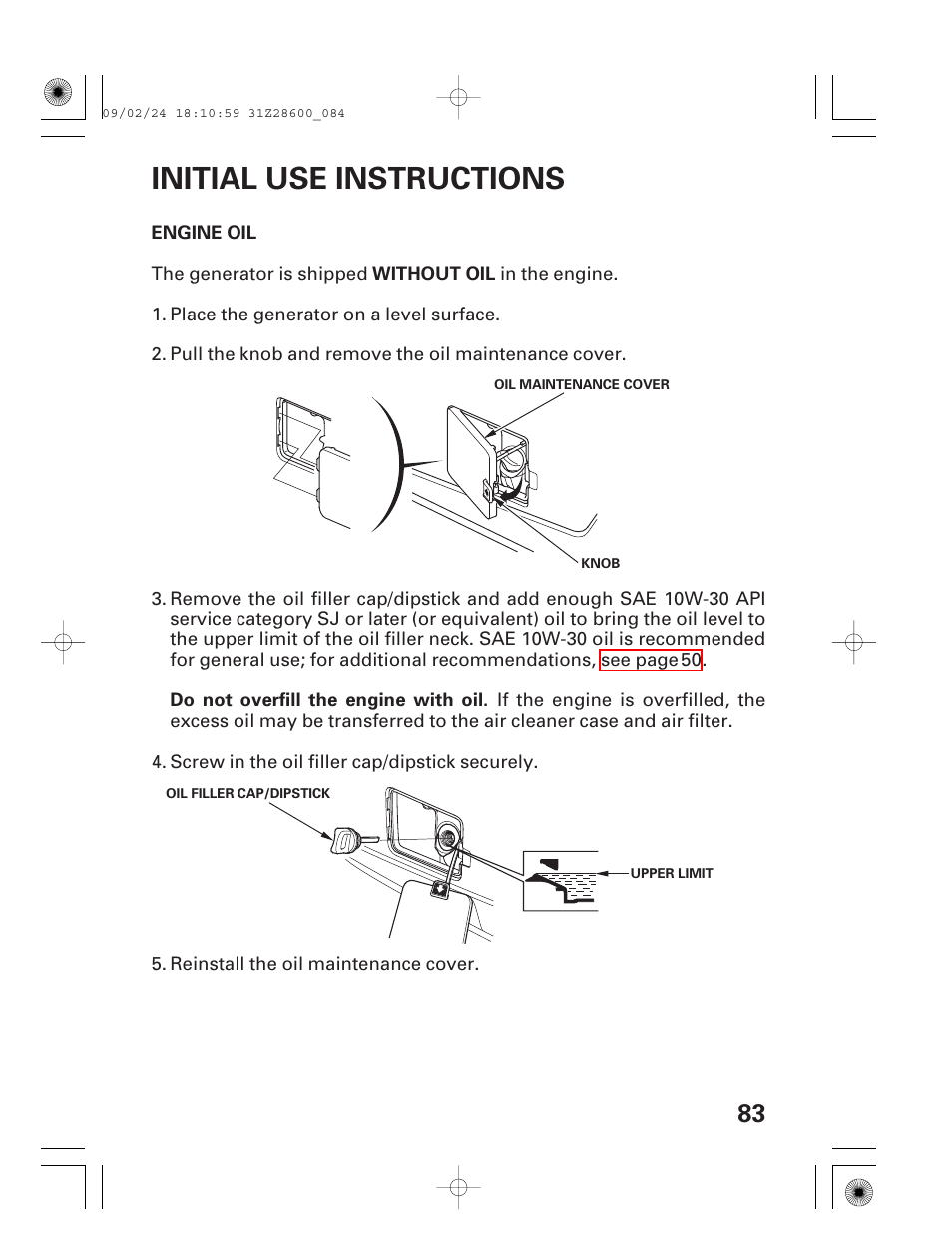 Initial use instructions, Engine oil | HONDA HANDI EU3000I User Manual | Page 85 / 96