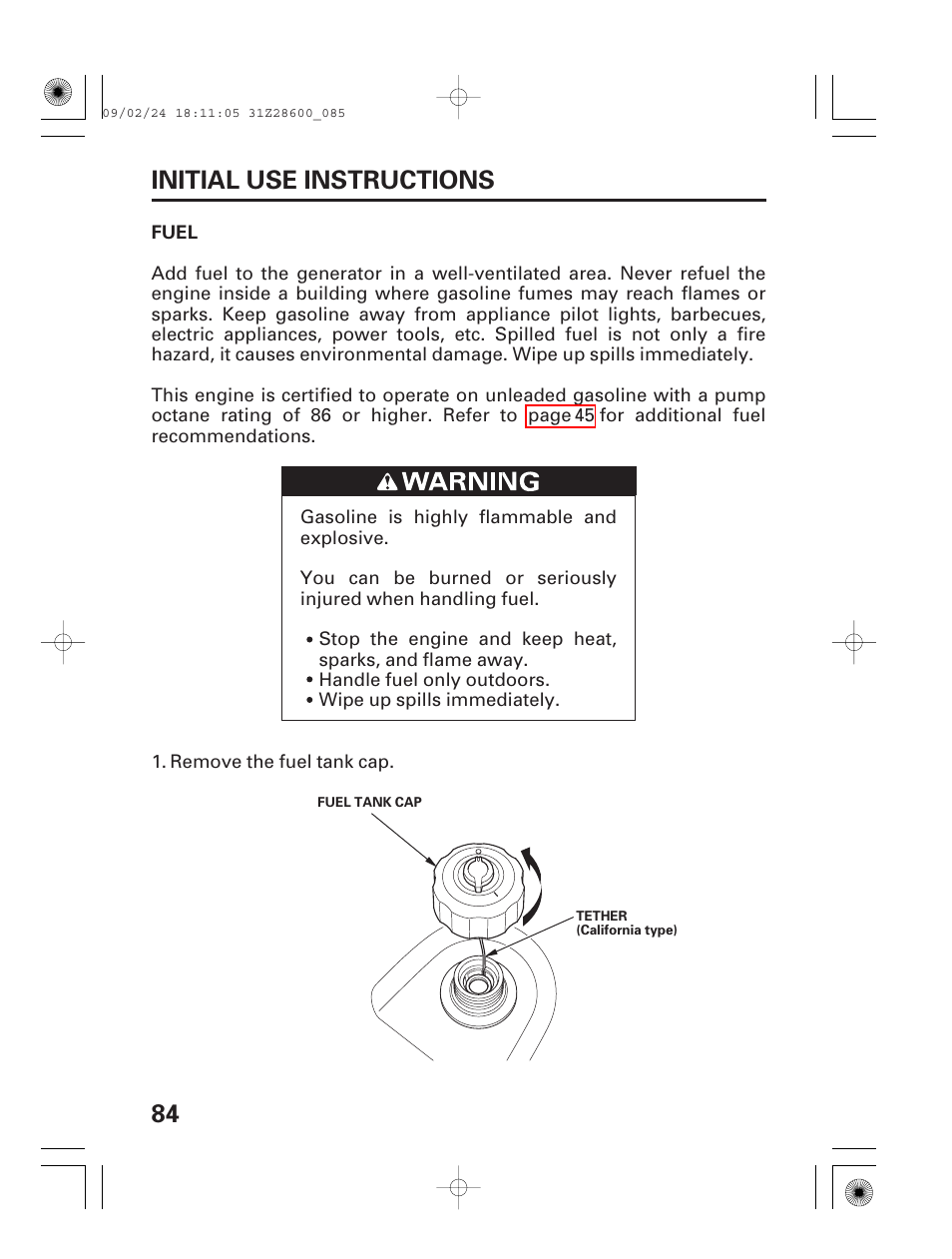 Fuel, 84 initial use instructions | HONDA HANDI EU3000I User Manual | Page 86 / 96