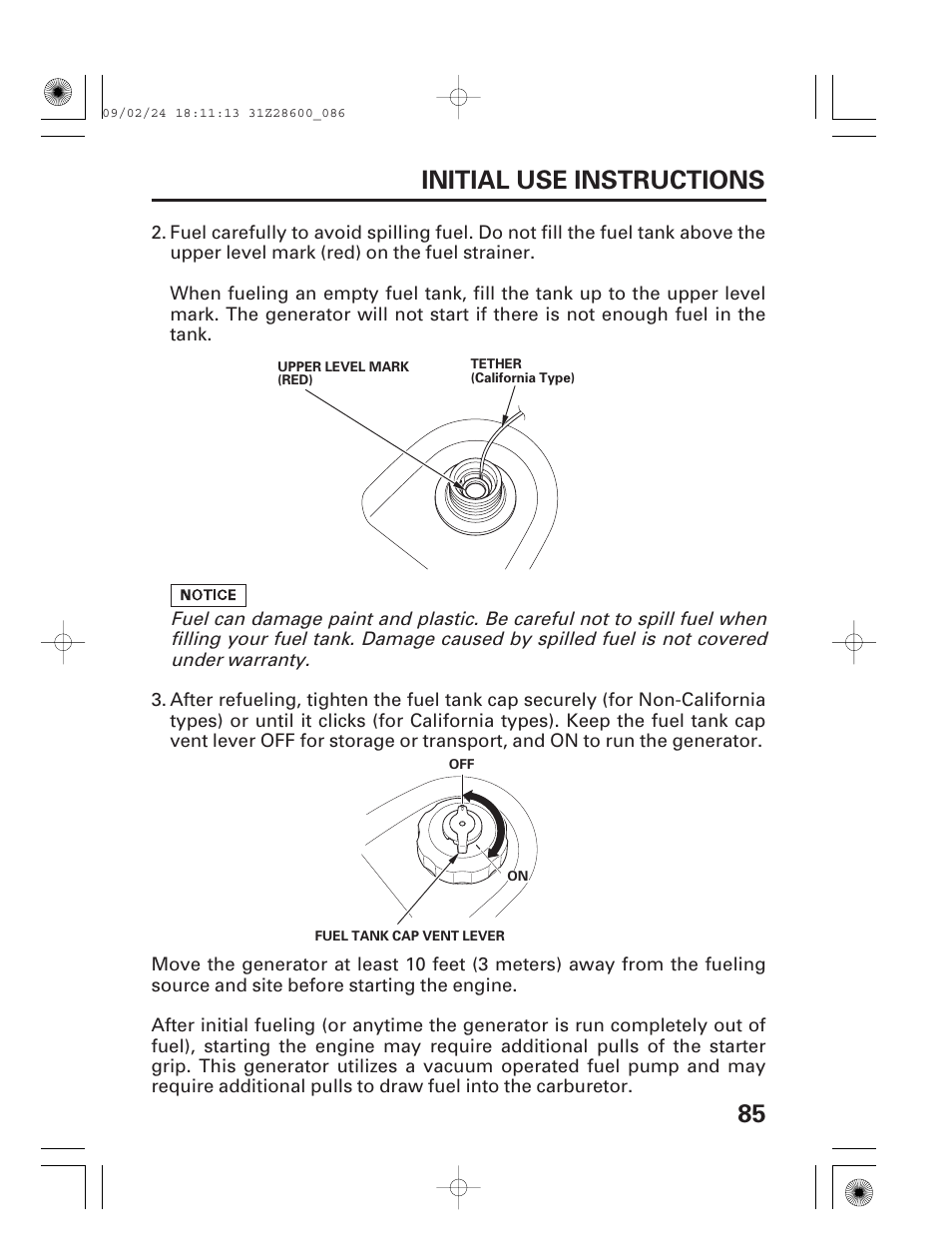 85 initial use instructions | HONDA HANDI EU3000I User Manual | Page 87 / 96