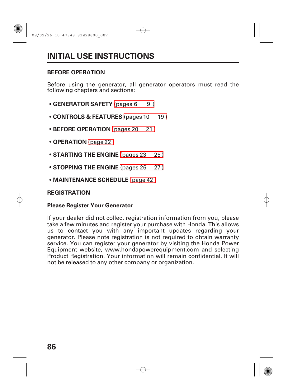 Before operation, Registration, 86 initial use instructions | HONDA HANDI EU3000I User Manual | Page 88 / 96
