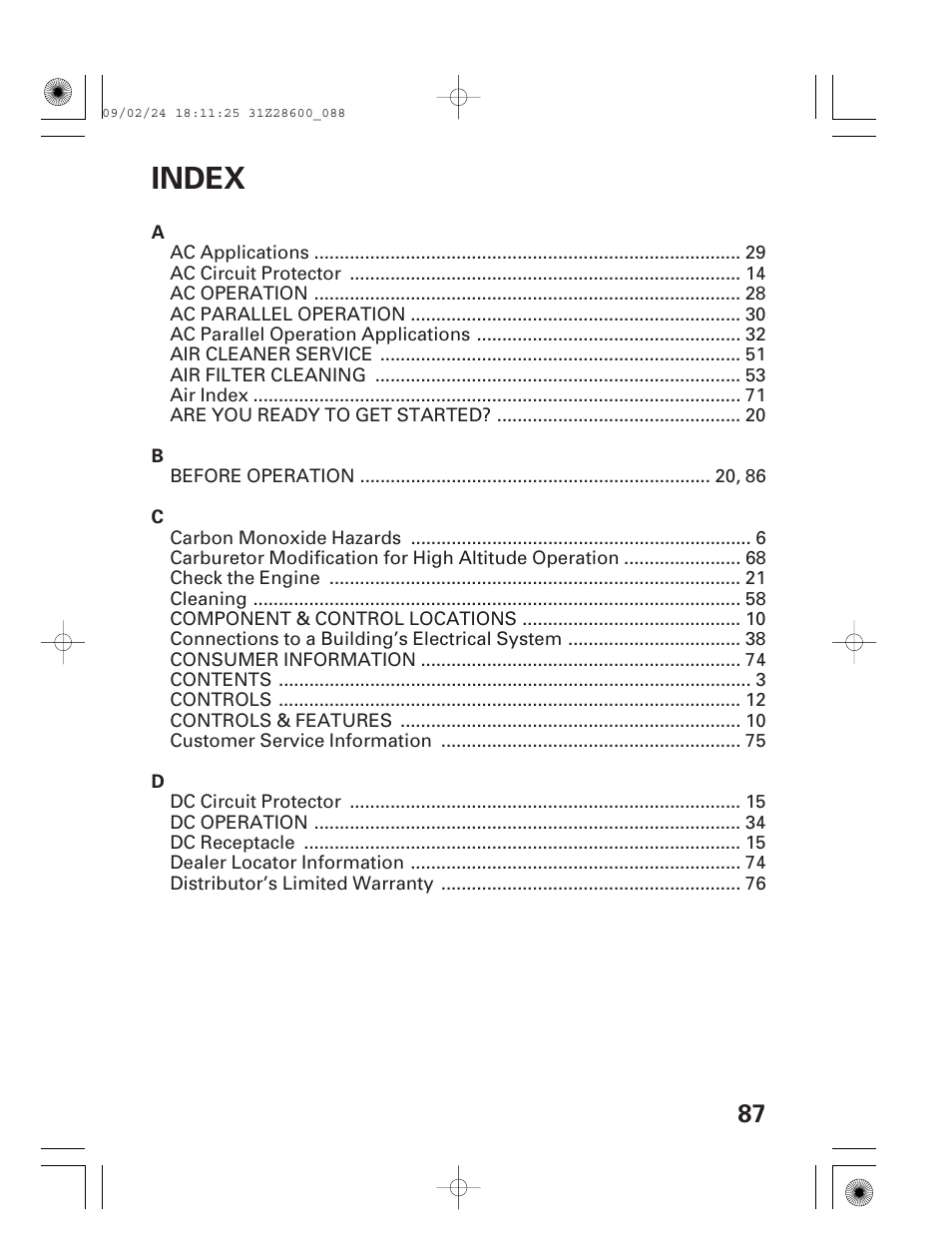 Index | HONDA HANDI EU3000I User Manual | Page 89 / 96