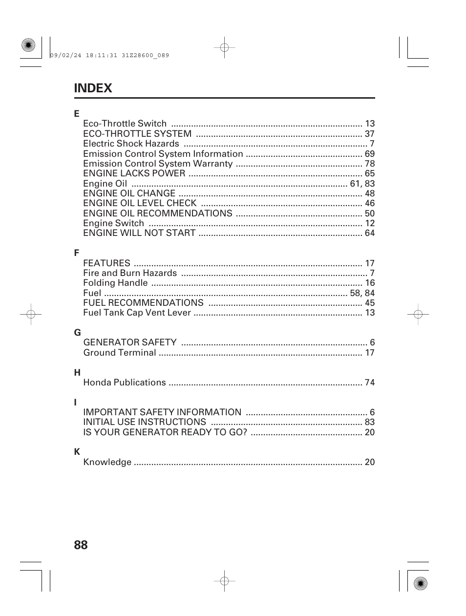 88 index | HONDA HANDI EU3000I User Manual | Page 90 / 96