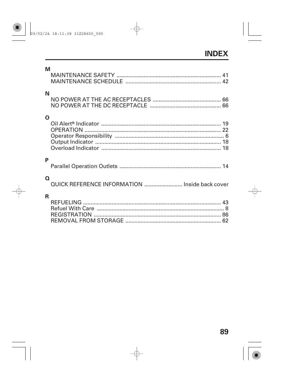 89 index | HONDA HANDI EU3000I User Manual | Page 91 / 96