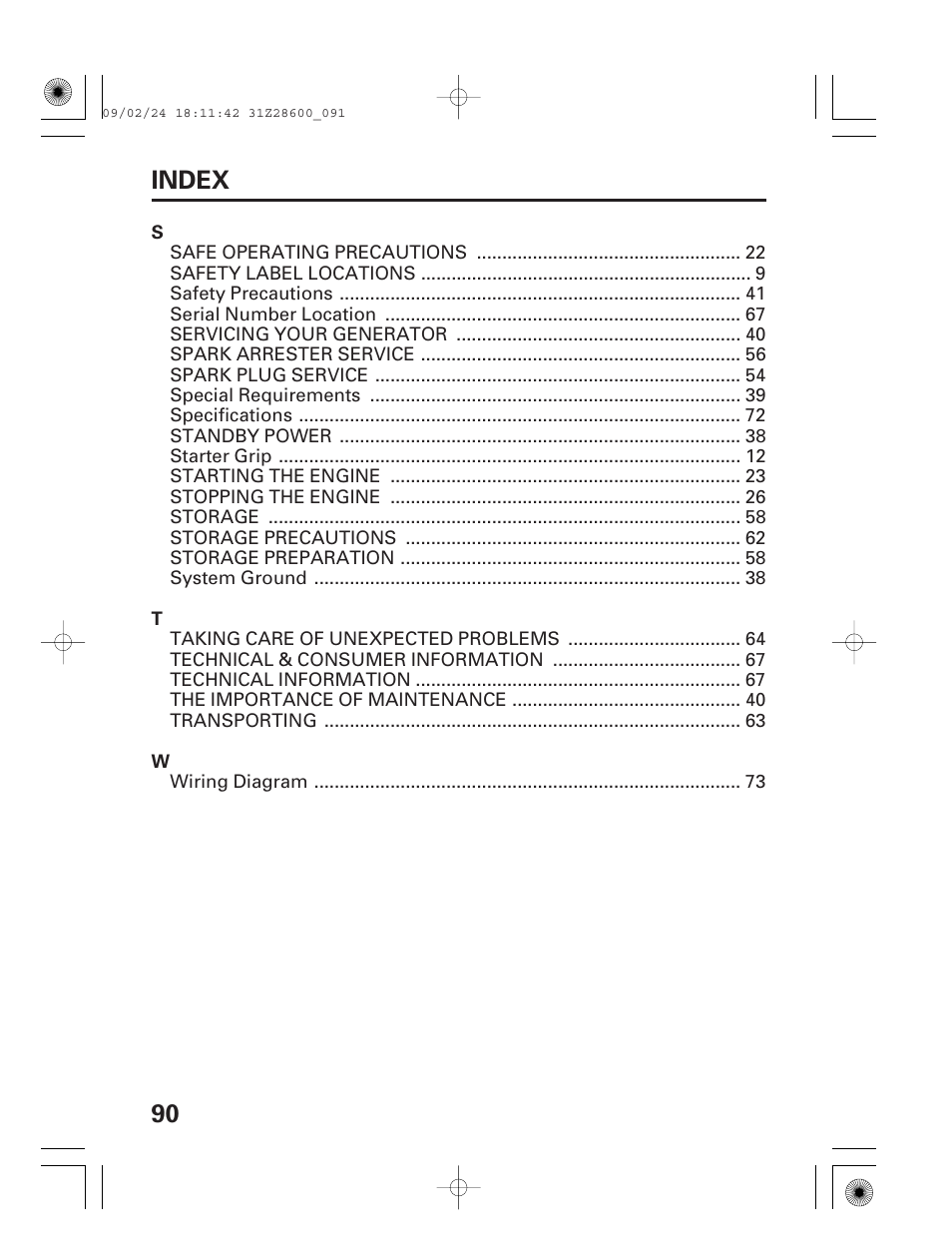 90 index | HONDA HANDI EU3000I User Manual | Page 92 / 96