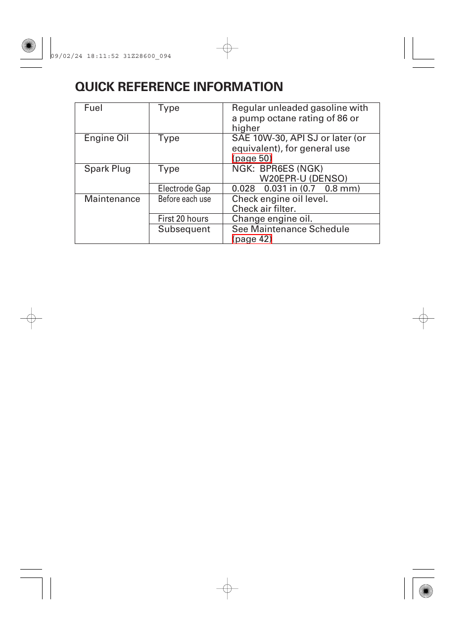 Quick reference information, Inside back cover | HONDA HANDI EU3000I User Manual | Page 95 / 96