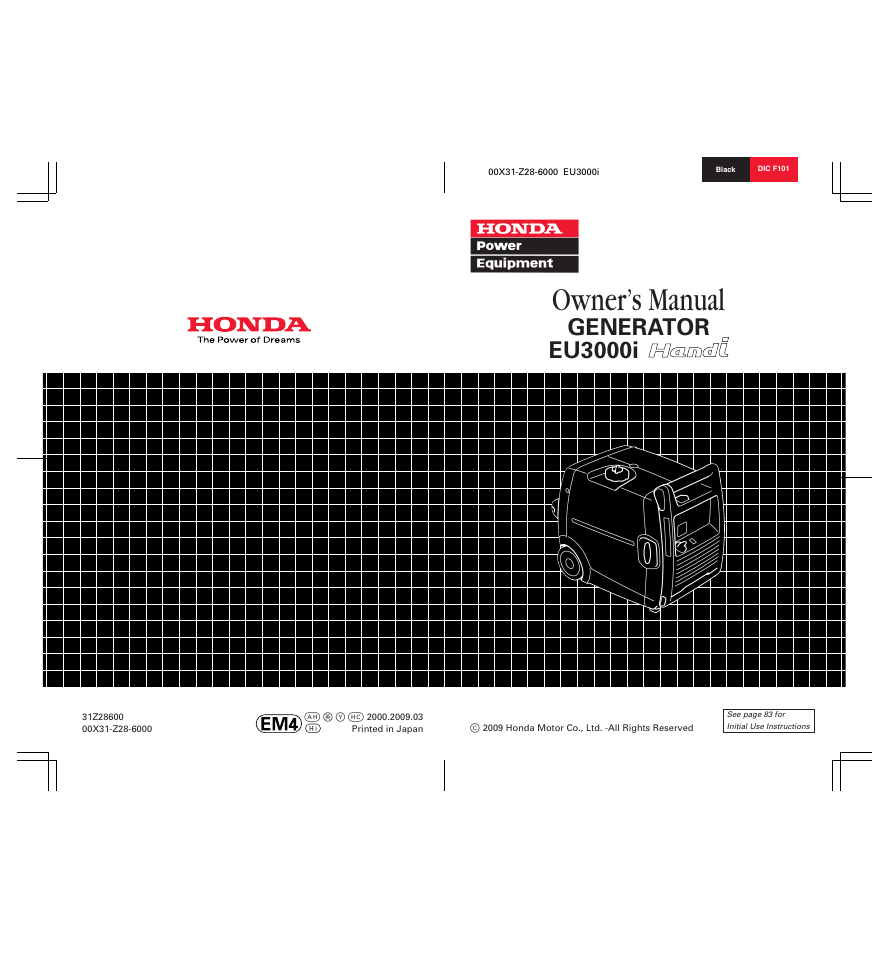 Owner’s manual, Generator eu3000i | HONDA HANDI EU3000I User Manual | Page 96 / 96